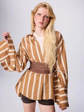 THEO THE LABEL Ismene Side Button Boyfriend Stripe Shirt Size S In Cosmic Dust